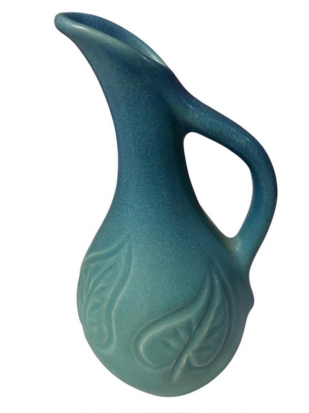 VAN BRIGGLE Turquoise Early 19th Century Ewer Pitcher Leaf Detail Hand Carved 7”